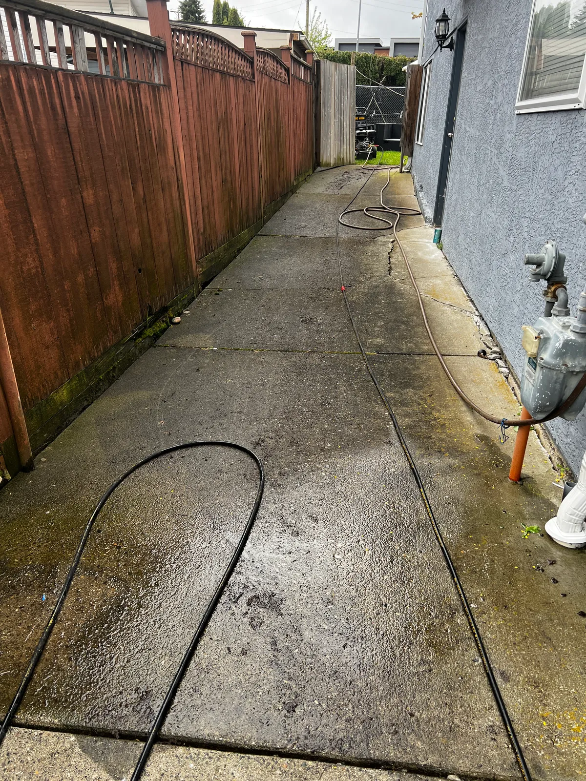 Concrete walkway beside a wooden fence before cleaning